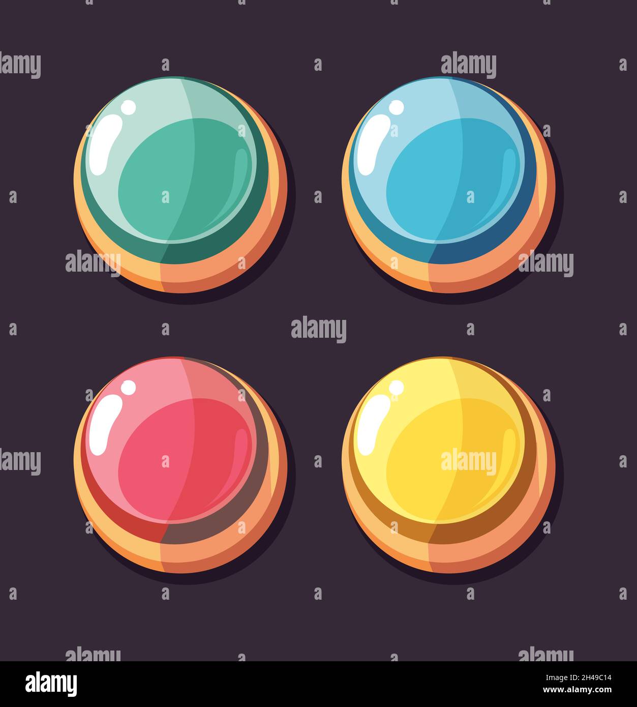 Round interface buttons. Cartoon color button, user app gaming development elements. Game design, shine glossy vector icons set Stock Vector