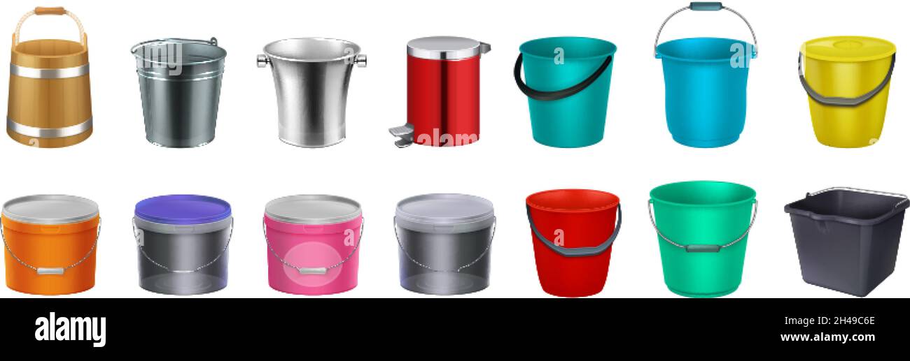 Realistic buckets. Paint packaging, metal bucket. Isolated 3d products, plastic container mockup and wood bin vector design Stock Vector