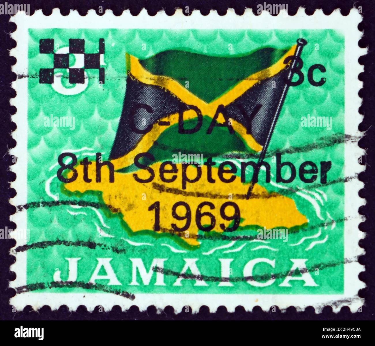JAMAICA CIRCA 1969 a stamp printed in Jamaica shows flag over map of