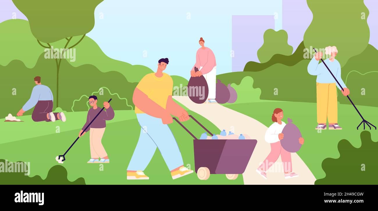 People cleaning park. Clean environment, help nature together. Eco