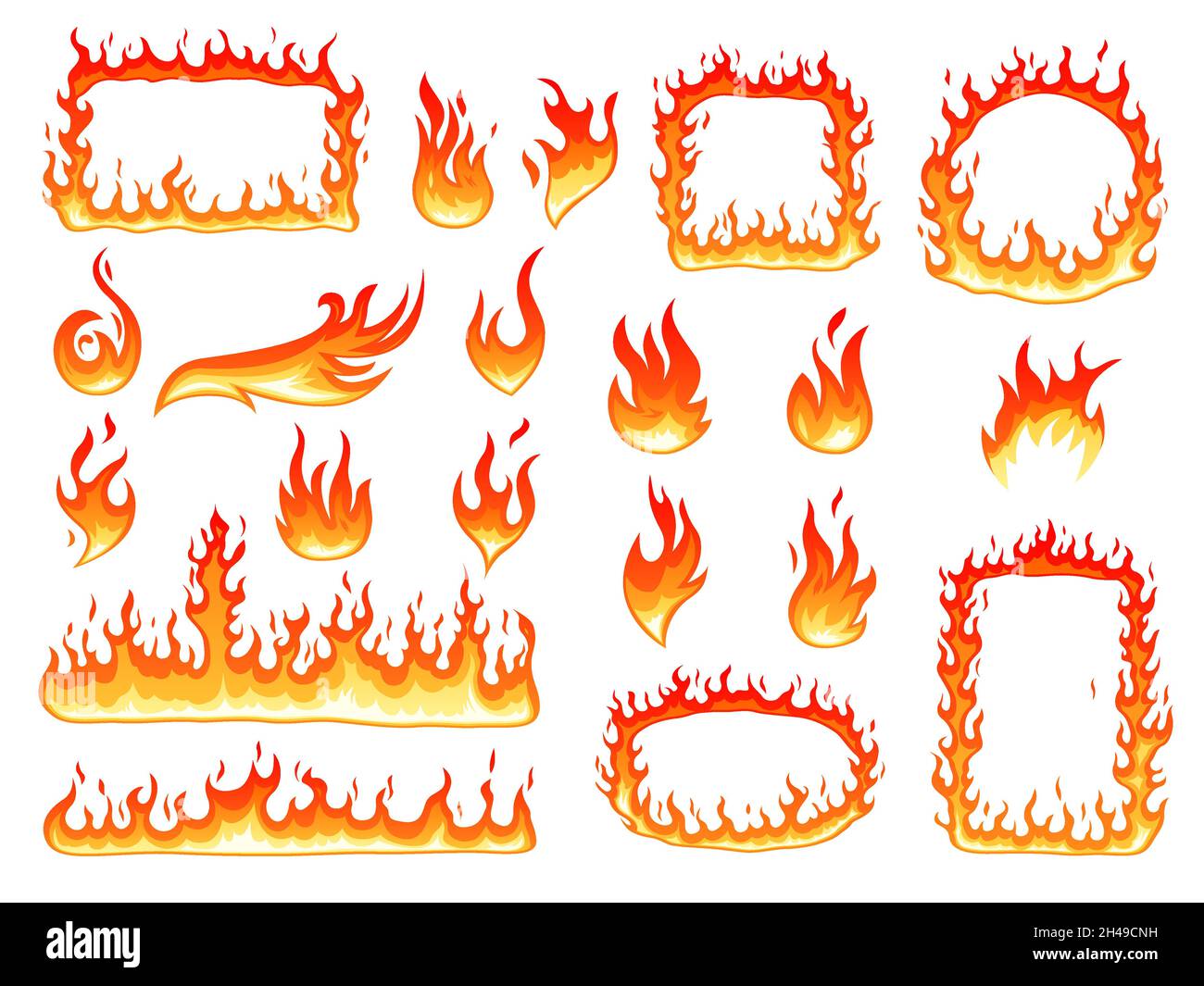 Colorful fire flame. Effect flames, glowing fire symbols. Burning cartoon round frame, hot red bonfire. Heating graphic shapes recent vector set Stock Vector