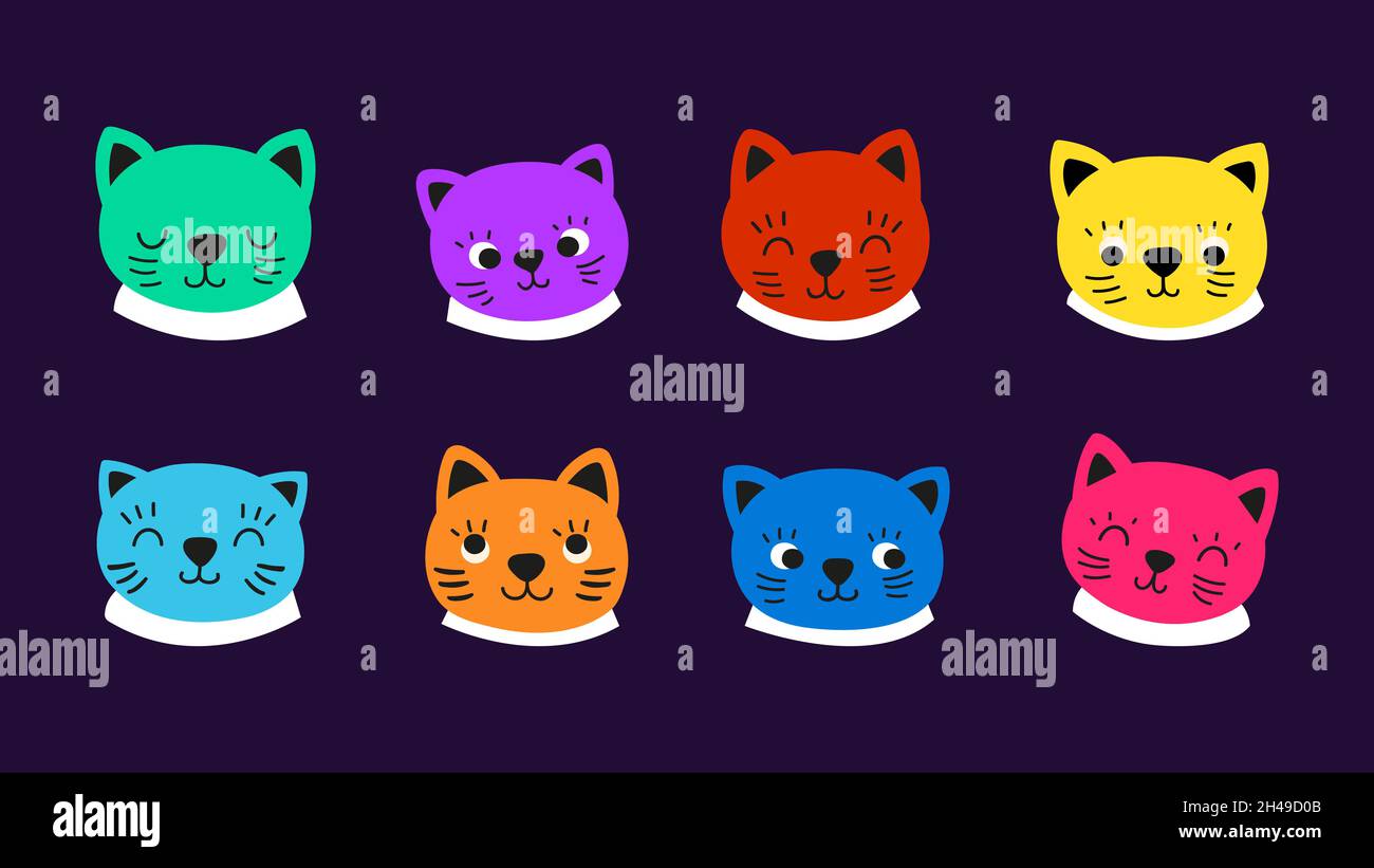 Cats faces. Kitten emotional face, cat avatars with big cartoon eyes. Abstract color animal with ears, modern neon vector design elements Stock Vector