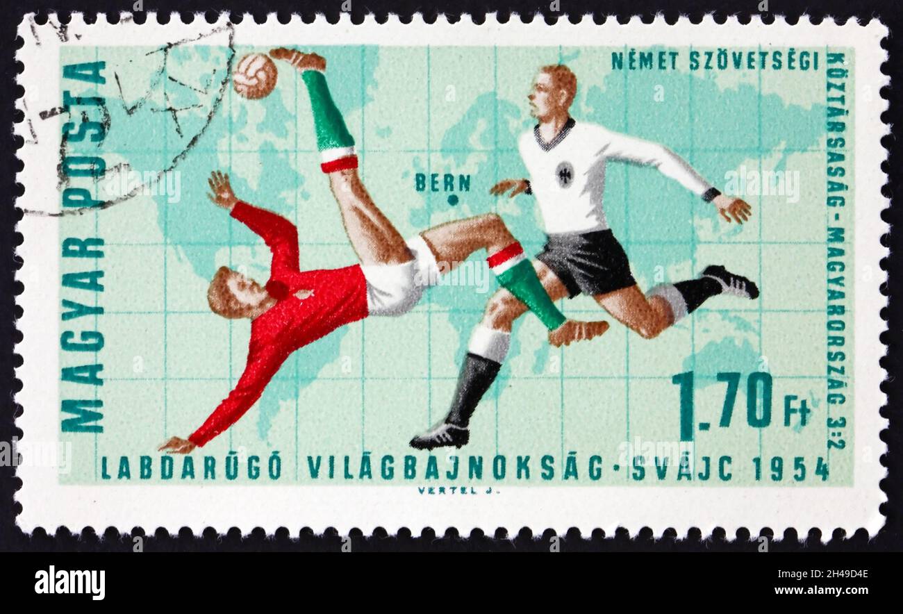 HUNGARY - CIRCA 1966: a stamp printed in Hungary shows Soccer Play, Bern (Germany 3, Hungary 2), World Cup Soccer Championship 1966, Wembley, England, Stock Photo