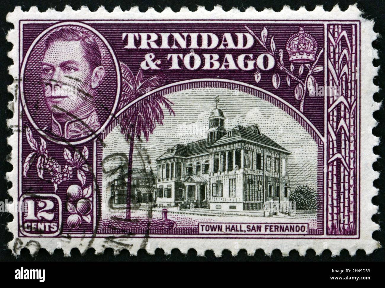 TRINIDAD AND TOBAGO - CIRCA 1938: a stamp printed in Trinidad and Tobago shows town hall, San Fernando, circa 1938 Stock Photo