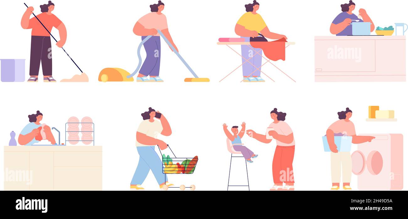 Housewives characters. Girl with vacuum cleaner, woman clean surfaces and cook. Mom working at home, tired female with dirty crockery utter vector set Stock Vector