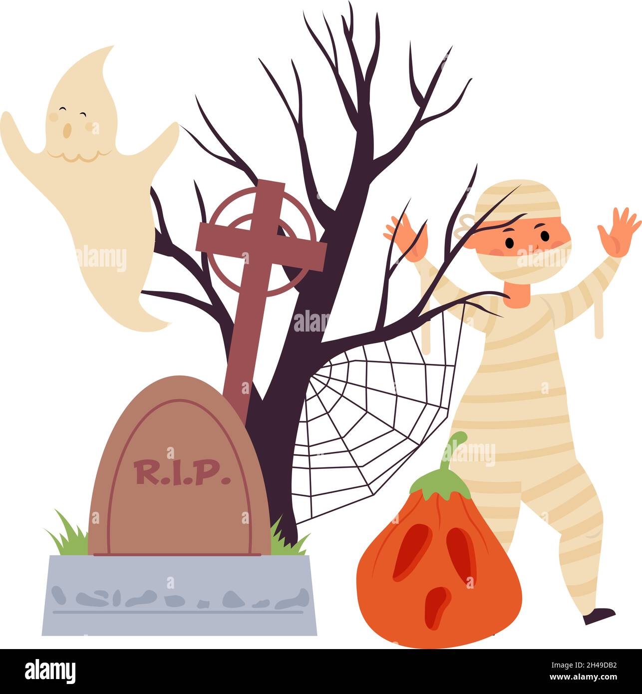 Halloween cartoon scene. Cute zombie kid, scary ghost and tree silhouette. Autumn spooky pumpkin lantern on cemetery, vector illustration Stock Vector