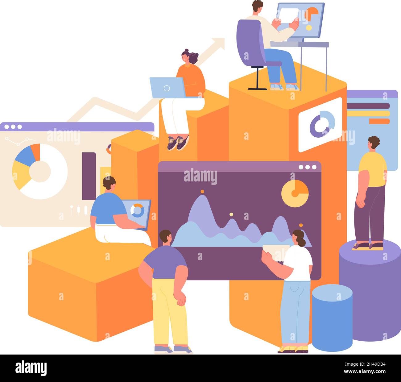 People and statistics concept. Statistical forecasting, financial predict. Business measure, economy calculating and growth utter vector scene Stock Vector