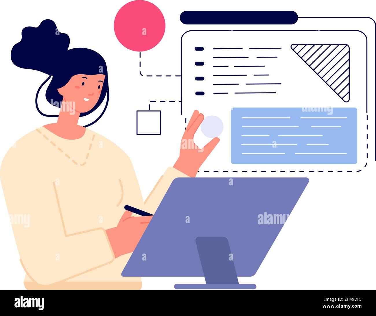 Web site development. Girl programmer or digital designer. Student working with tablet. Woman work with abstract charts vector concept Stock Vector