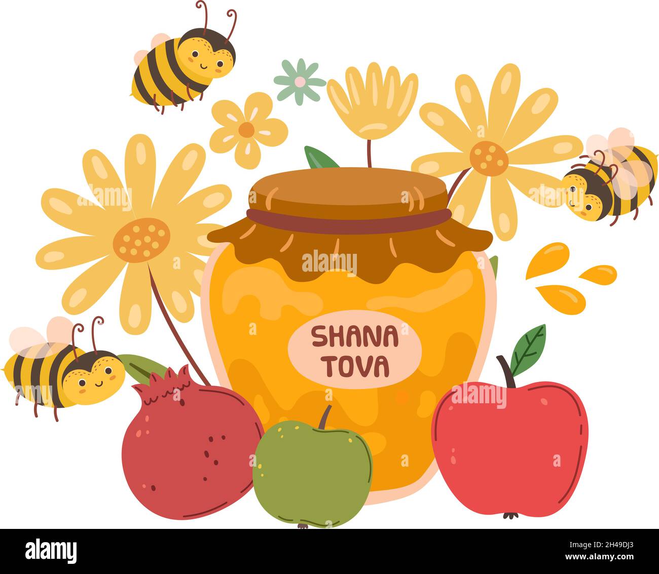 Jewish New Year festival, Rosh hashanah. Happy shana tova, flying bee. Holiday symbols honey, apple and pomegranate vector concept Stock Vector
