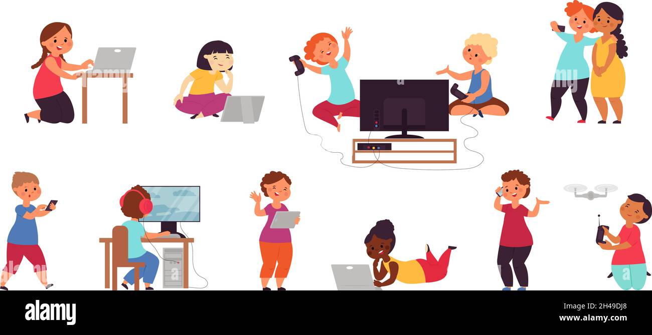 Kid playing computer. Happy friends play games, smartphone gaming. Young phone users, online video or social media addiction decent vector set Stock Vector
