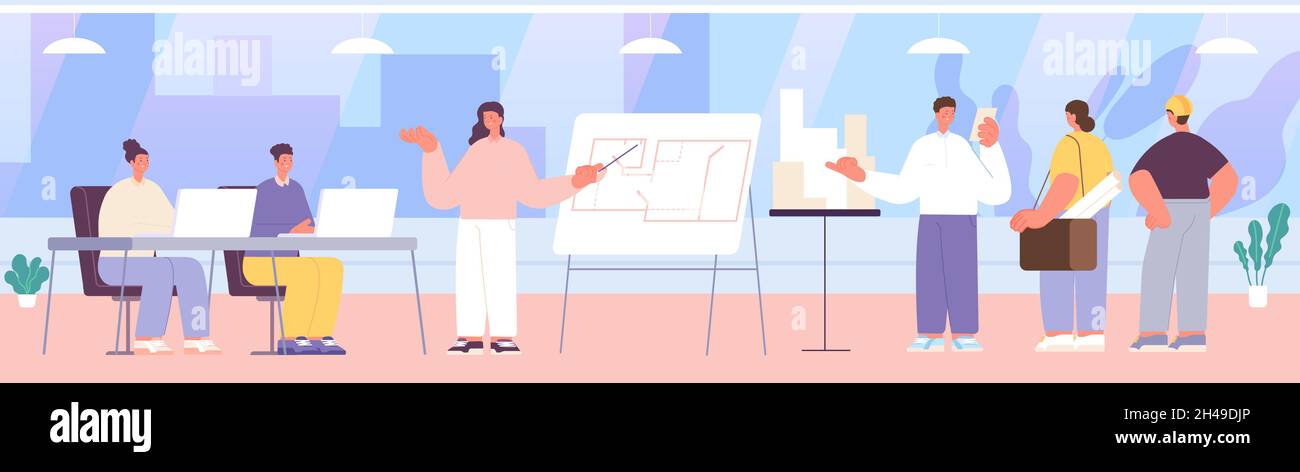 Architect meeting. Engineers in office, construction workers discuss working plan. Flat planning, team generating ideas utter vector illustration Stock Vector