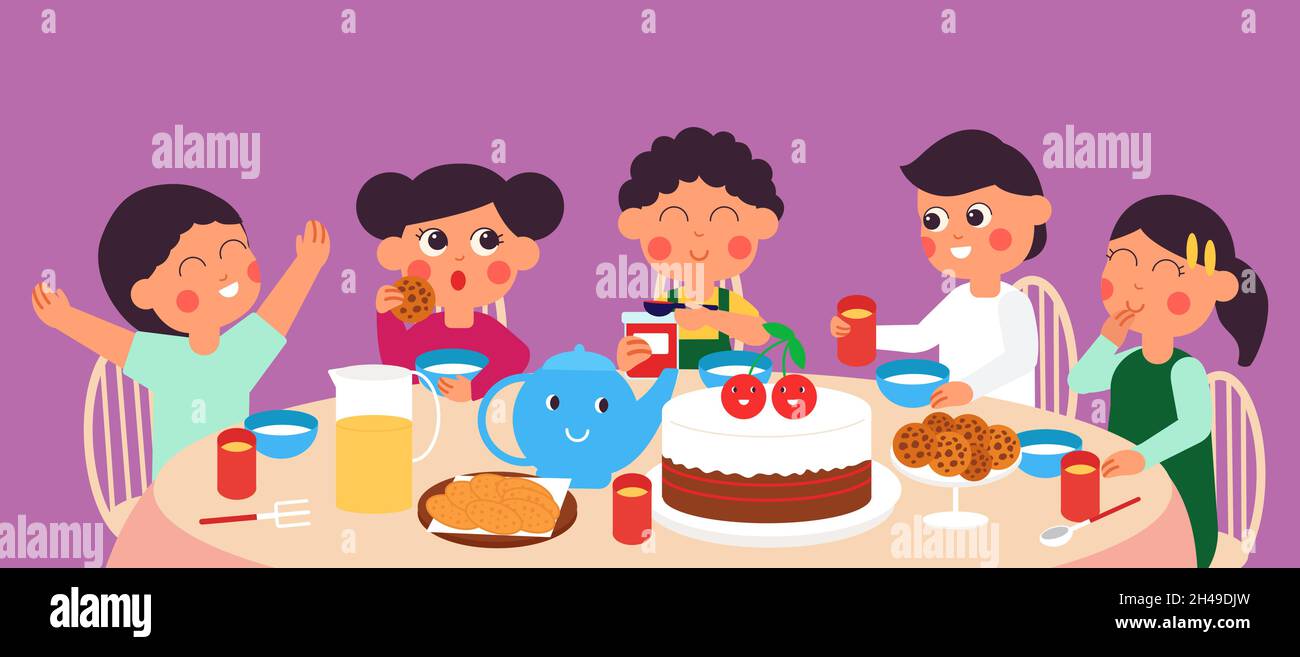Kids dinner. Children eat rice, school lunch. Cute cartoon toddlers sitting at round table with healthy food. Holiday breakfast decent vector scene Stock Vector