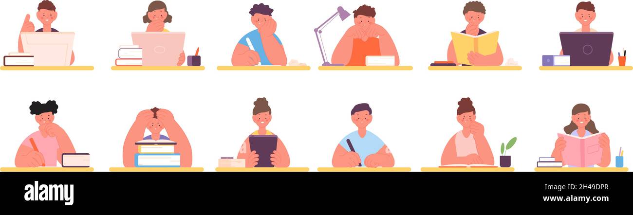 Children sitting at desk. Student studying, answering boy. School and preschool characters, kids doing homework. Self distance education utter vector Stock Vector