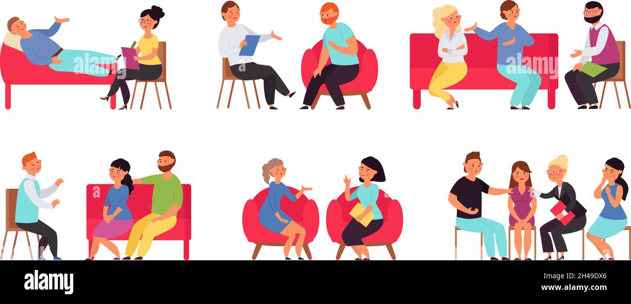 People on psychotherapy. Support, therapy and mental problems. Isolated patients, man on couch. Professional psychologist consulting decent vector Stock Vector