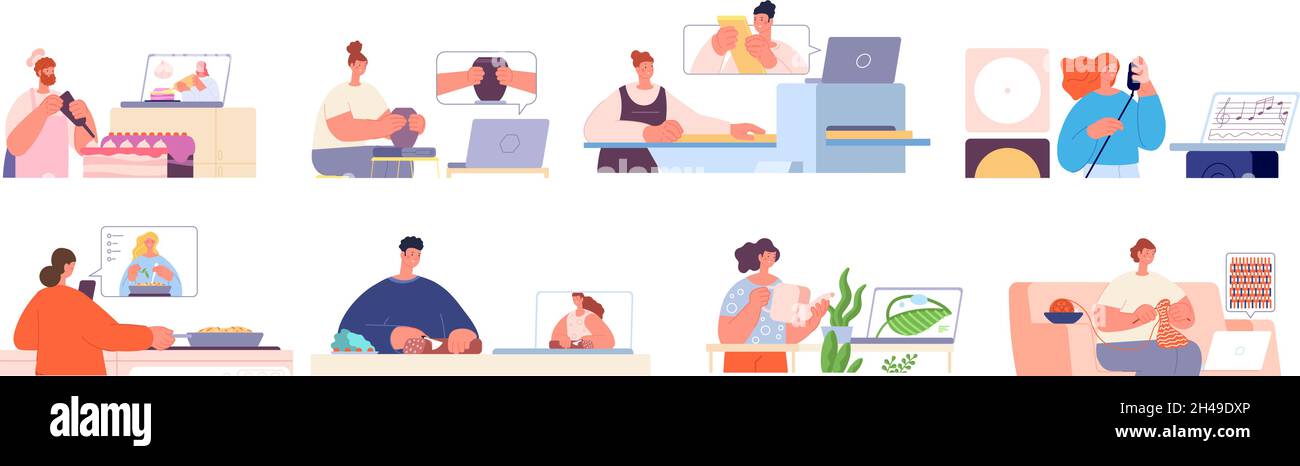 Online students. Home education, virtual school diverse professions. Web training stream, people study cook, knit, sing on video tutorial utter vector Stock Vector