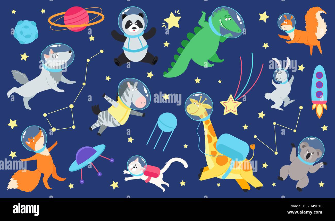 Cartoon space animals. Cute astronaut animal in costume, universe travel on  spaceship. Kids stickers, children dream cosmos adventures decent vector  Stock Vector Image & Art - Alamy