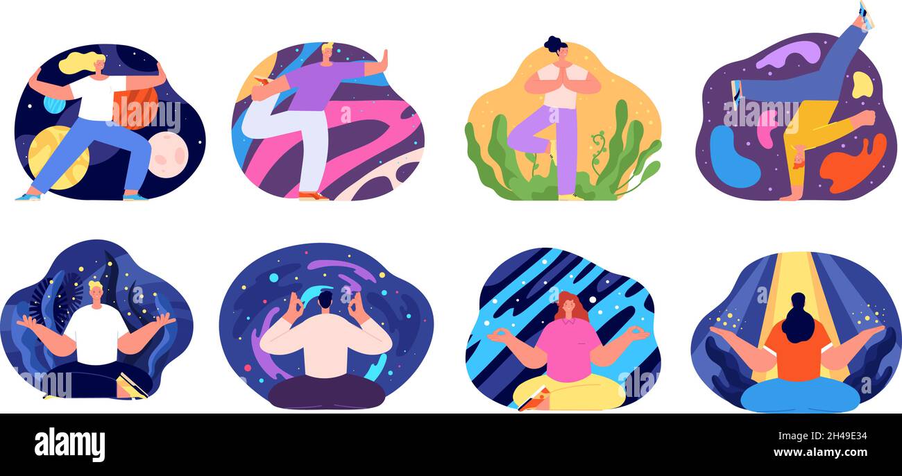 Creative mind process. Creativity characters in abstract shapes, people balanced in yoga poses. Meditation process in universe utter vector set Stock Vector