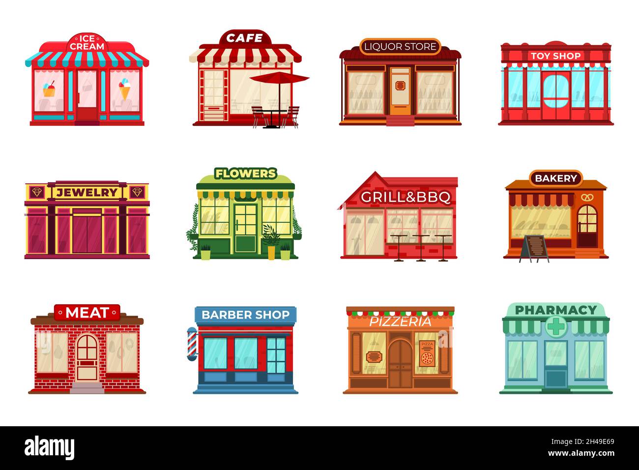 Cartoon flat shop facades. Different stores, local storefront or retail in town. Pharmacy, restaurant on city street. Commercial buildings recent Stock Vector