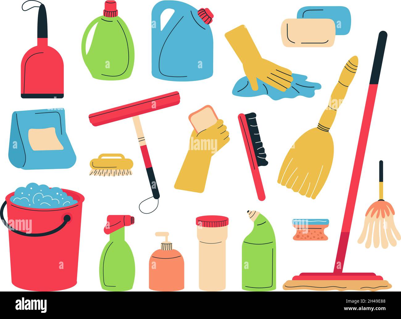Cleaning service supplies. Tools for clean and wash, house accessories.  Broom and dustpan, doodle bucket with soap foam. Equipment decent vector  set Stock Vector Image & Art - Alamy