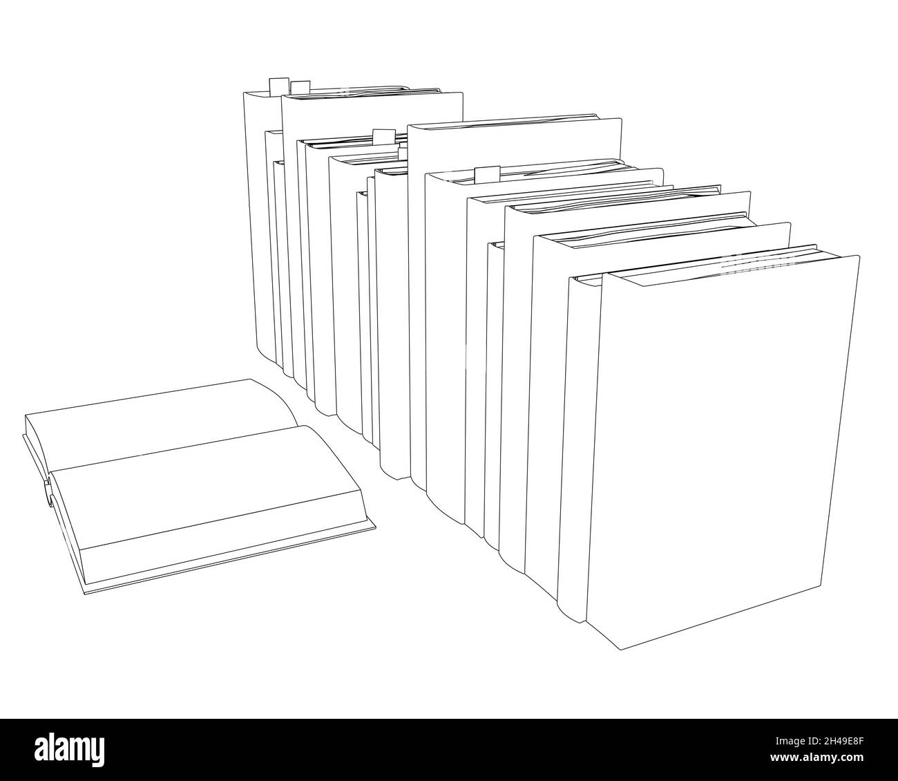 Contour of a stack of books from black lines isolated on a white background. One open book. Perspective view. Vector illustration Stock Vector