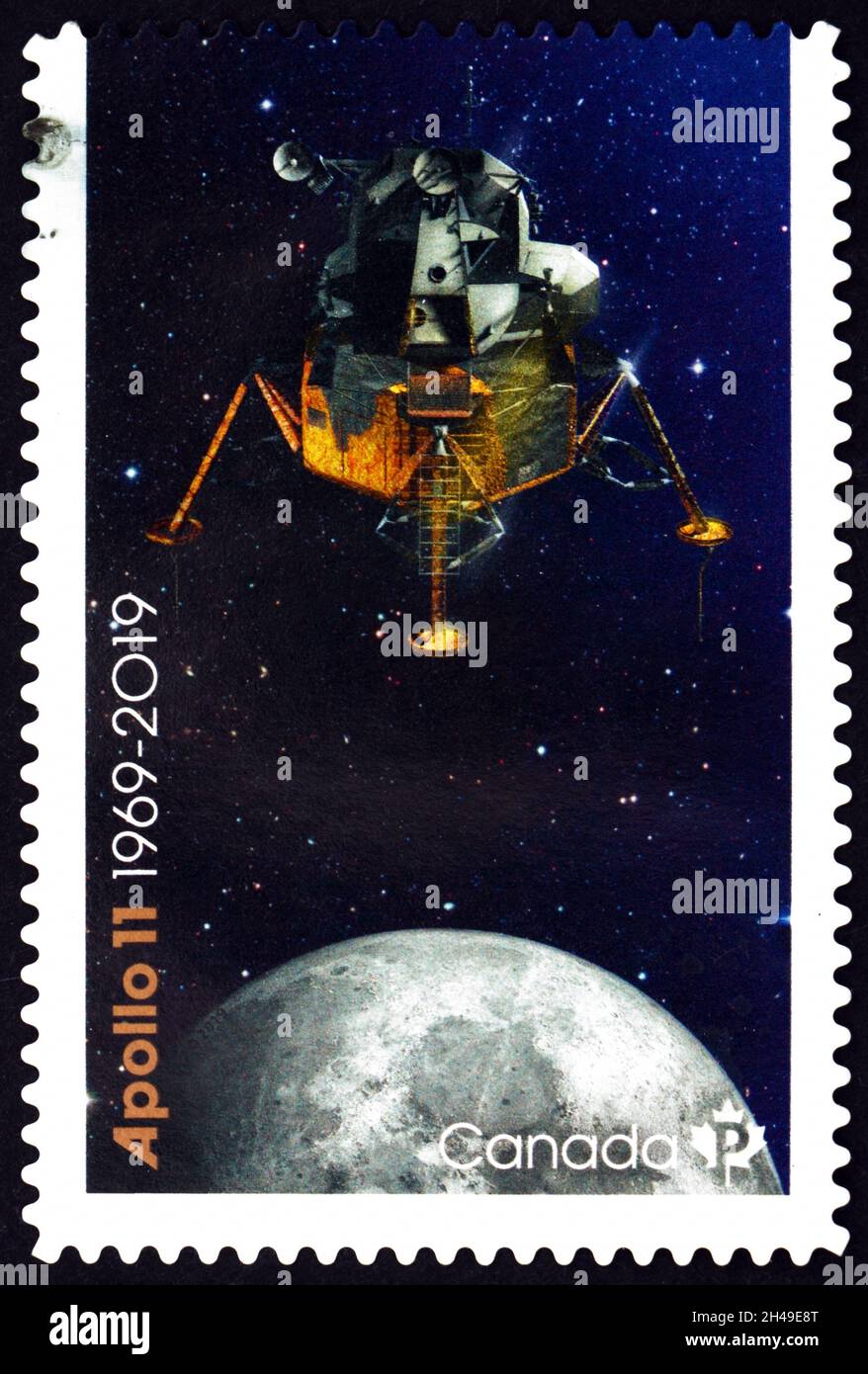 CANADA - CIRCA 2019: a stamp printed in Canada shows Lunar Module and Moon, 50th Anniversary of the Moon Landing, circa 2019 Stock Photo