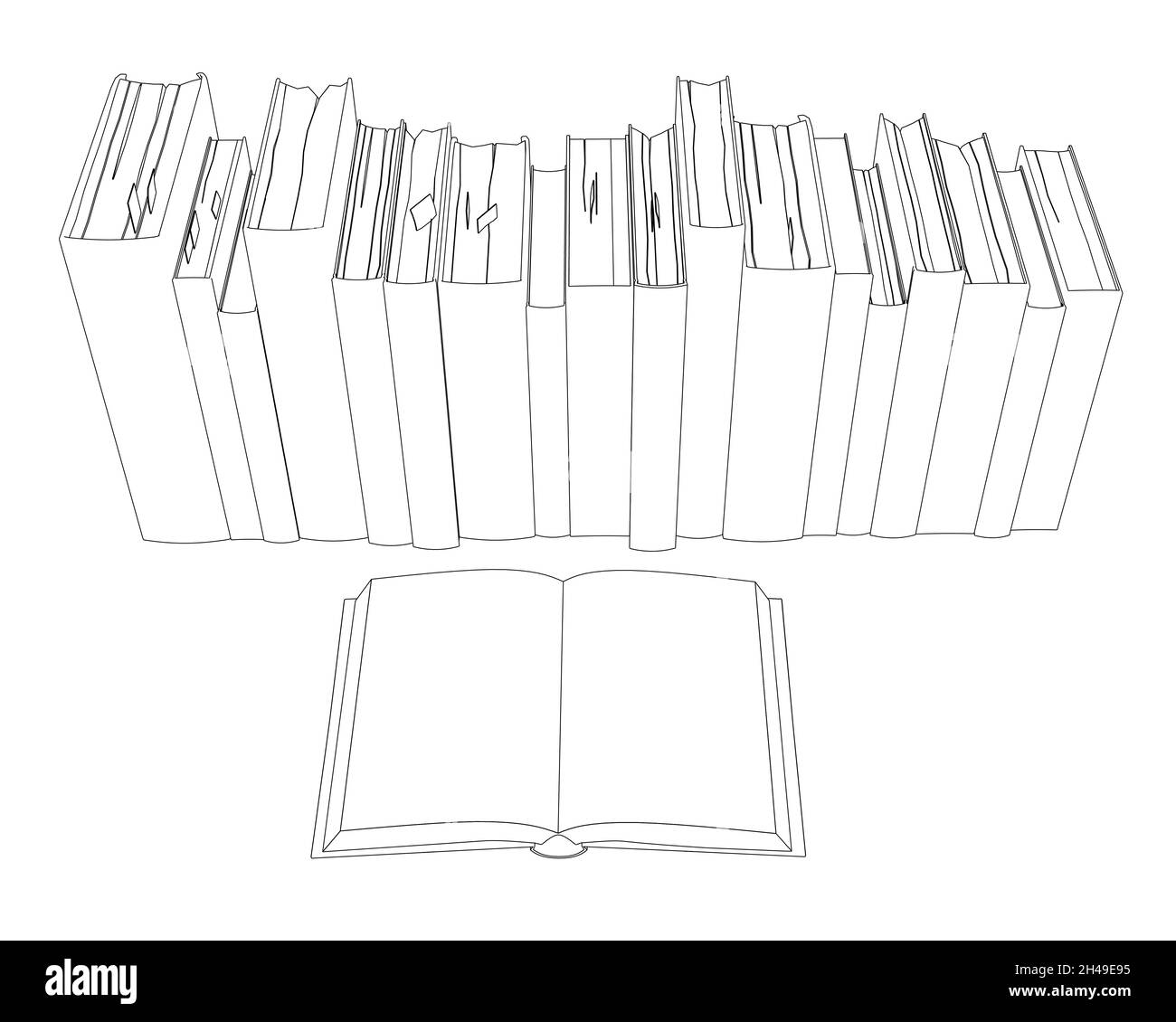 Contour of a stack of books from black lines isolated on a white