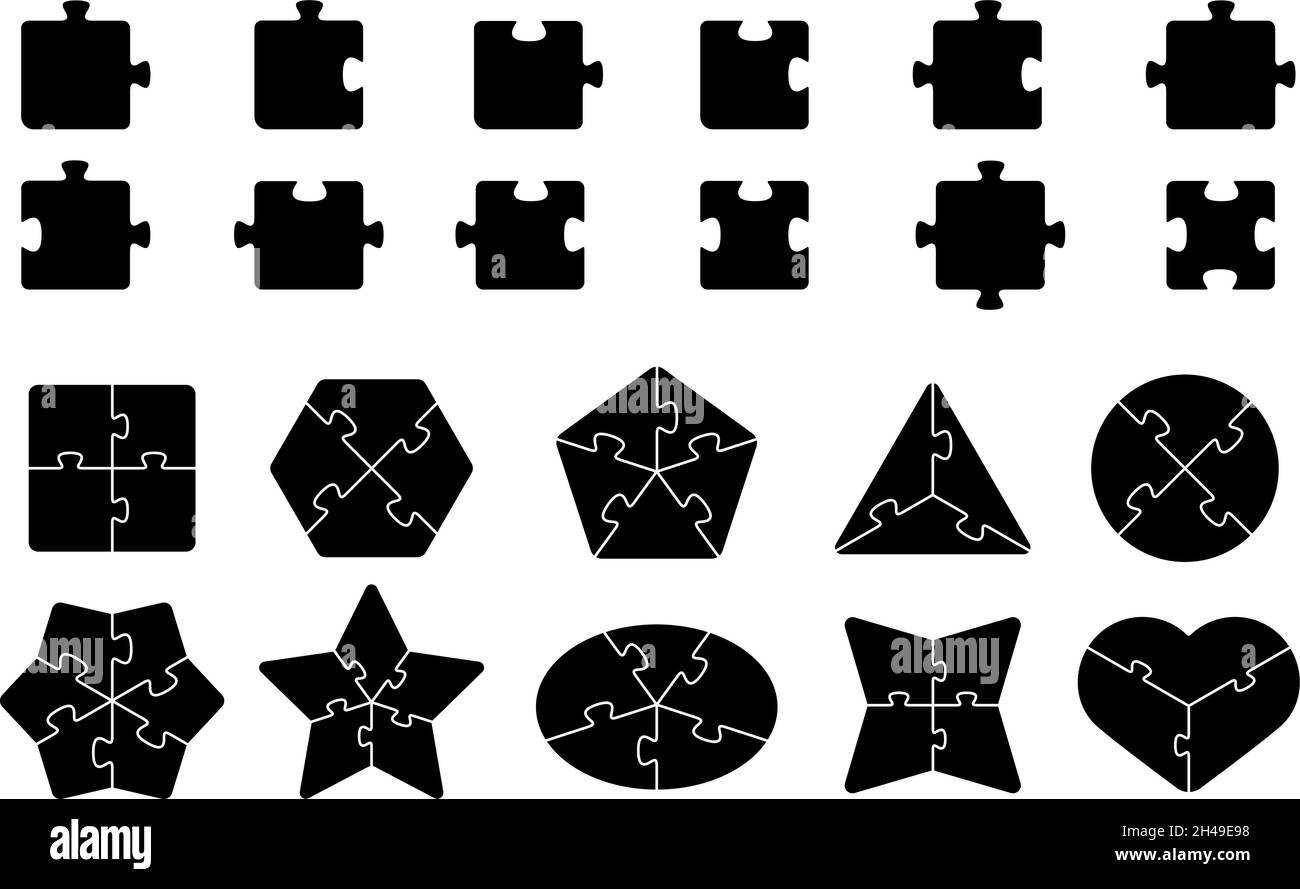 Jigsaw elements. Puzzle shapes template, black pieces for game or hand made. Game details, teamwork metaphor. Puzzles recent vector grids Stock Vector