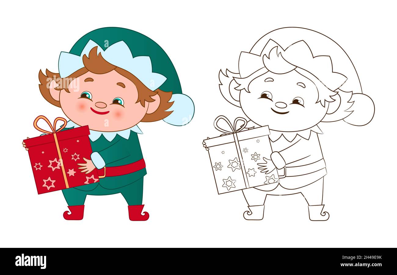 Coloring book: little elf, gnome holds a gift box in his hands. Vector illustration in cartoon style, black and white line art Stock Vector