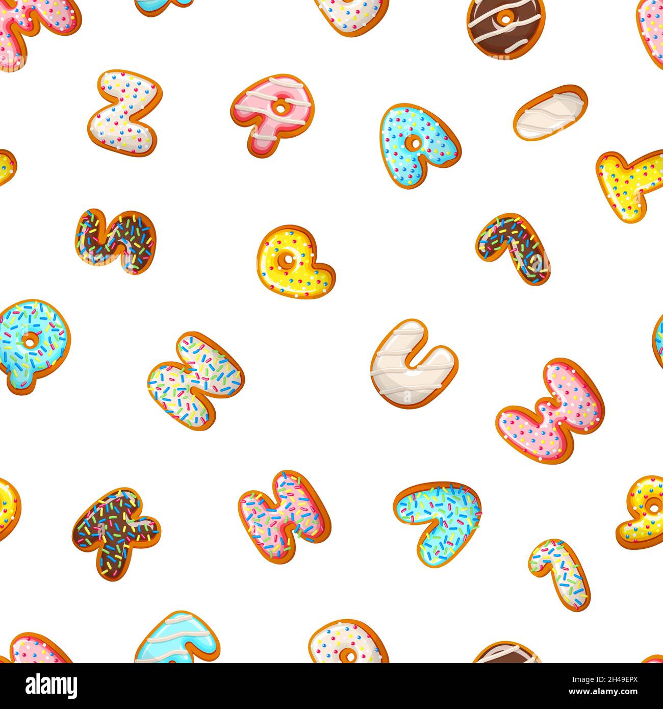 Glazed cookies. Baked biscuits letters, numbers seamless pattern. Sweet