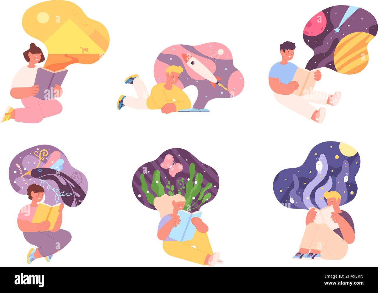 Kids reading fairy tales. Children imagination, child read book and has