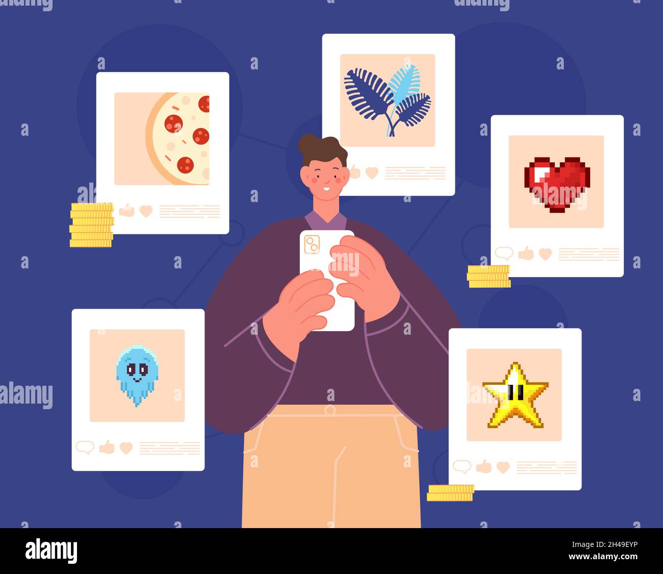 Blockchain nft marketplace. Unique investment itemized, uniqueness picture and token items. Cryptocurrency artwork auction vector concept Stock Vector