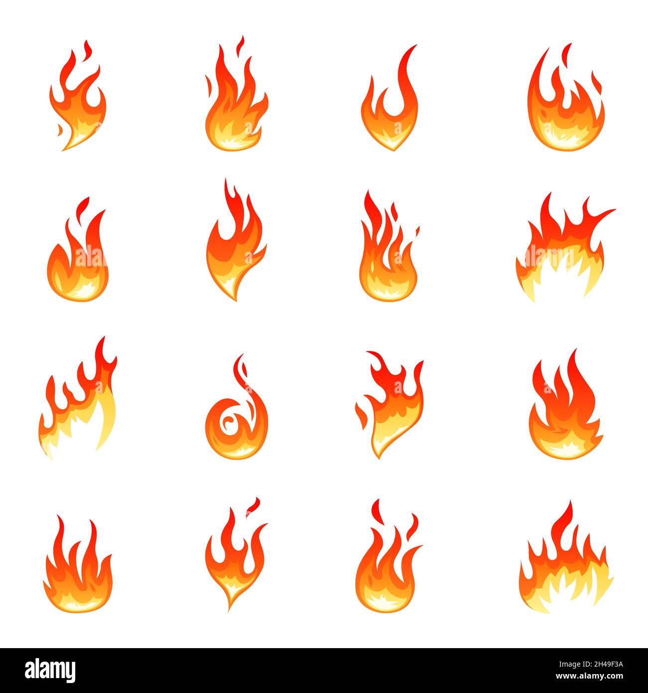 Cartoon flame collection. Hot fire flames, isolated glowing red heat. Heating graphic elements, torch effect. Bonfire shapes recent vector icons Stock Vector