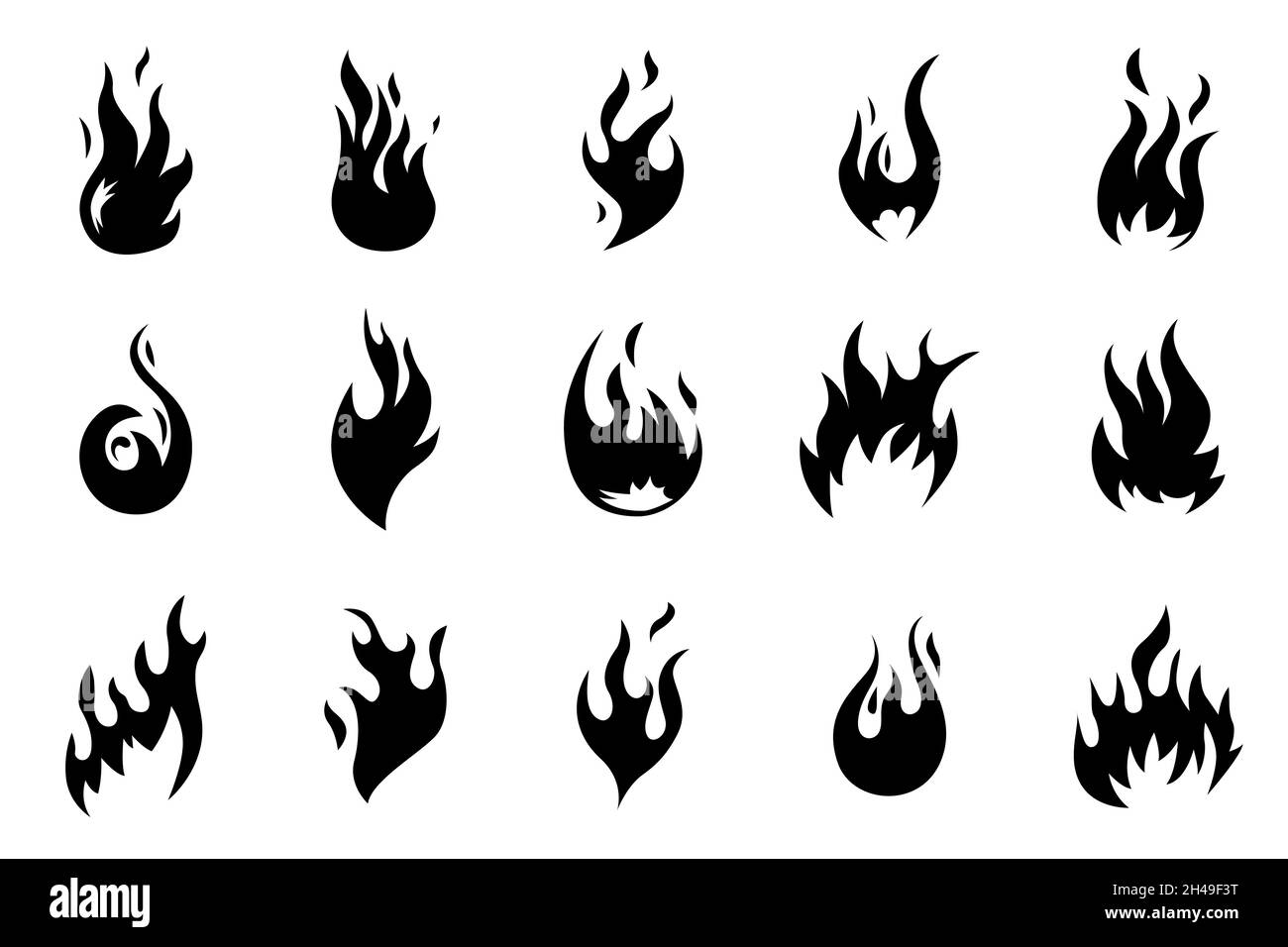 Black fire icons. Flames shapes. Heat fires silhouettes. Isolated hot blaze, bonfire logo. Warning heat and flammable, campfire recent vector set Stock Vector