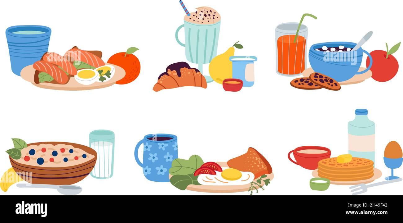 Different breakfast food. Serving meal, cooked healthy dish for dinner or lunch. Traditional morning menu, toasts and drinks. Brunch decent vector kit Stock Vector