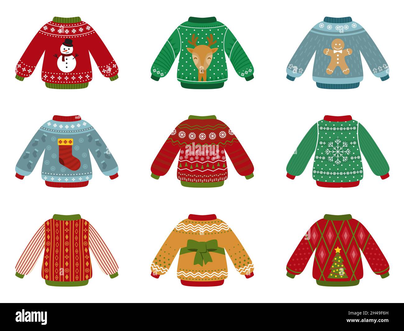 Cartoon ugly sweater. Christmas sweaters collection, decorative holiday winter clothes. Isolated flat new year warm jumper recent vector set Stock Vector
