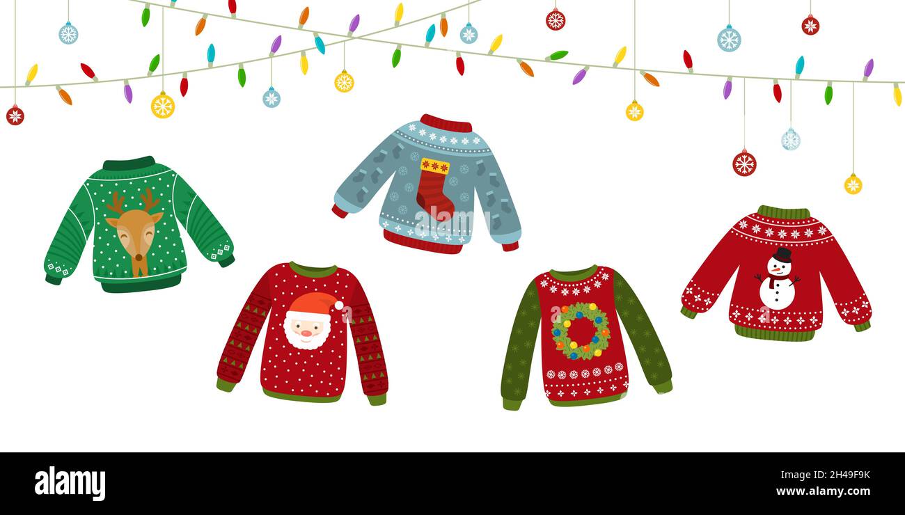 Ugly sweater banner. Celebrating, christmas sweaters and garlands. Happy new year, winter holiday poster. Warm jumper recent vector elements Stock Vector
