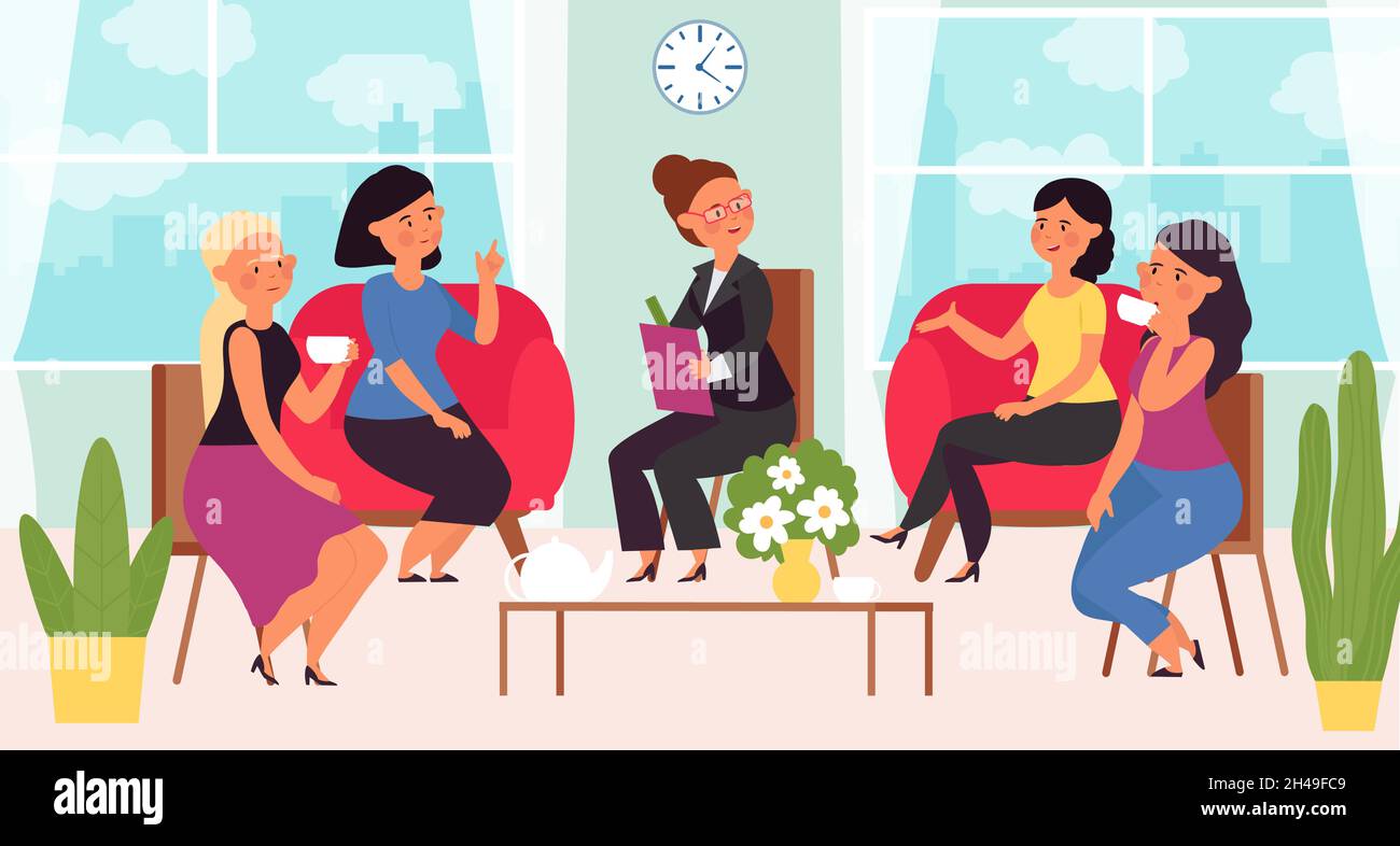 Female group support. Psychotherapy session, women club meeting. Girls drink and talking, mental health. Psychology consulting decent vector concept Stock Vector