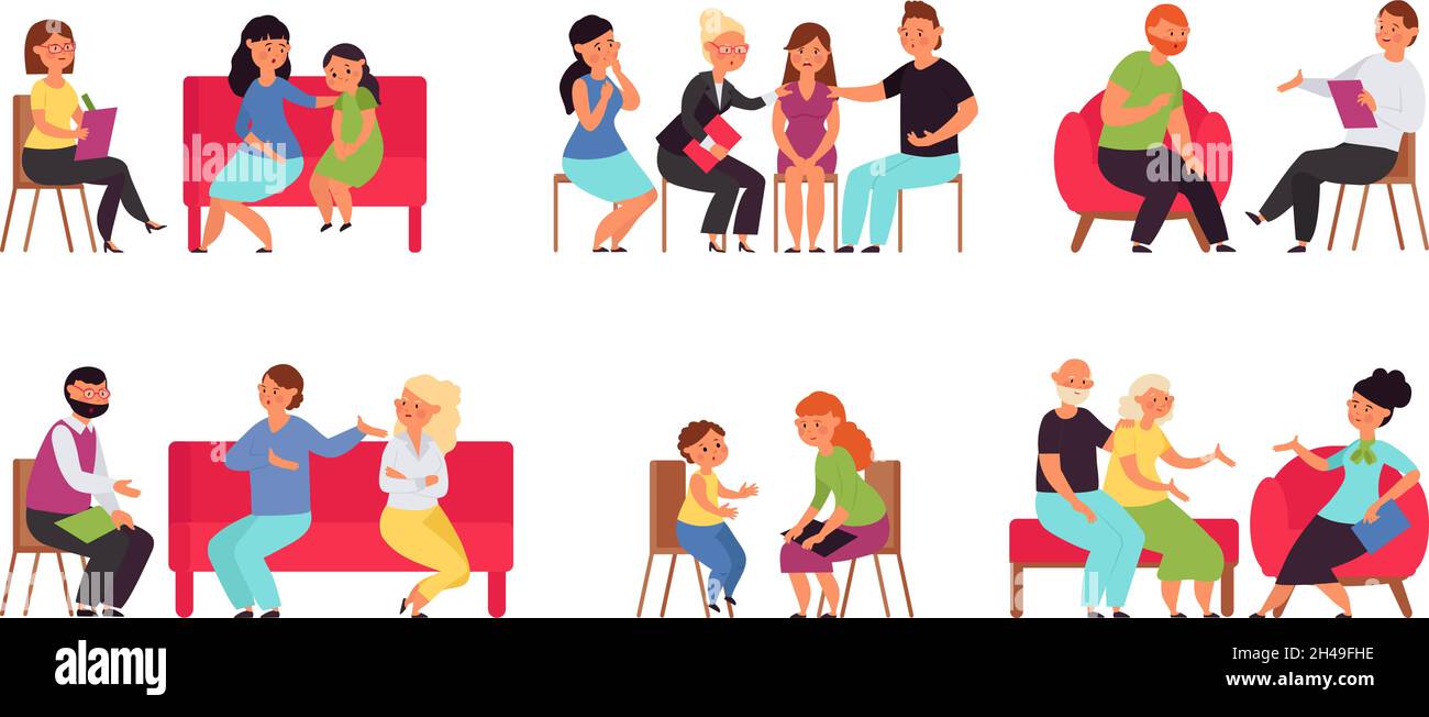 Family psychotherapy. People on psychologist, senior and young couple therapy consulting. Mental health, female support group decent vector set Stock Vector