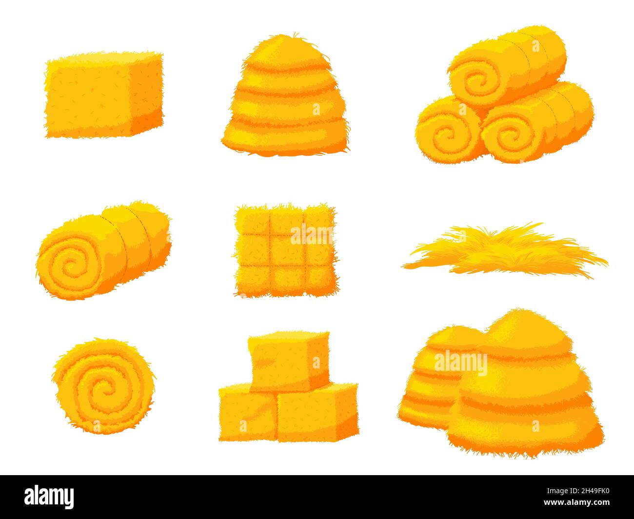 Cartoon hay. Bale straw, isolated farmers agriculture elements. Yellow dry grass, autumn harvest season. Haystack and pile wheat recent vector Stock Vector