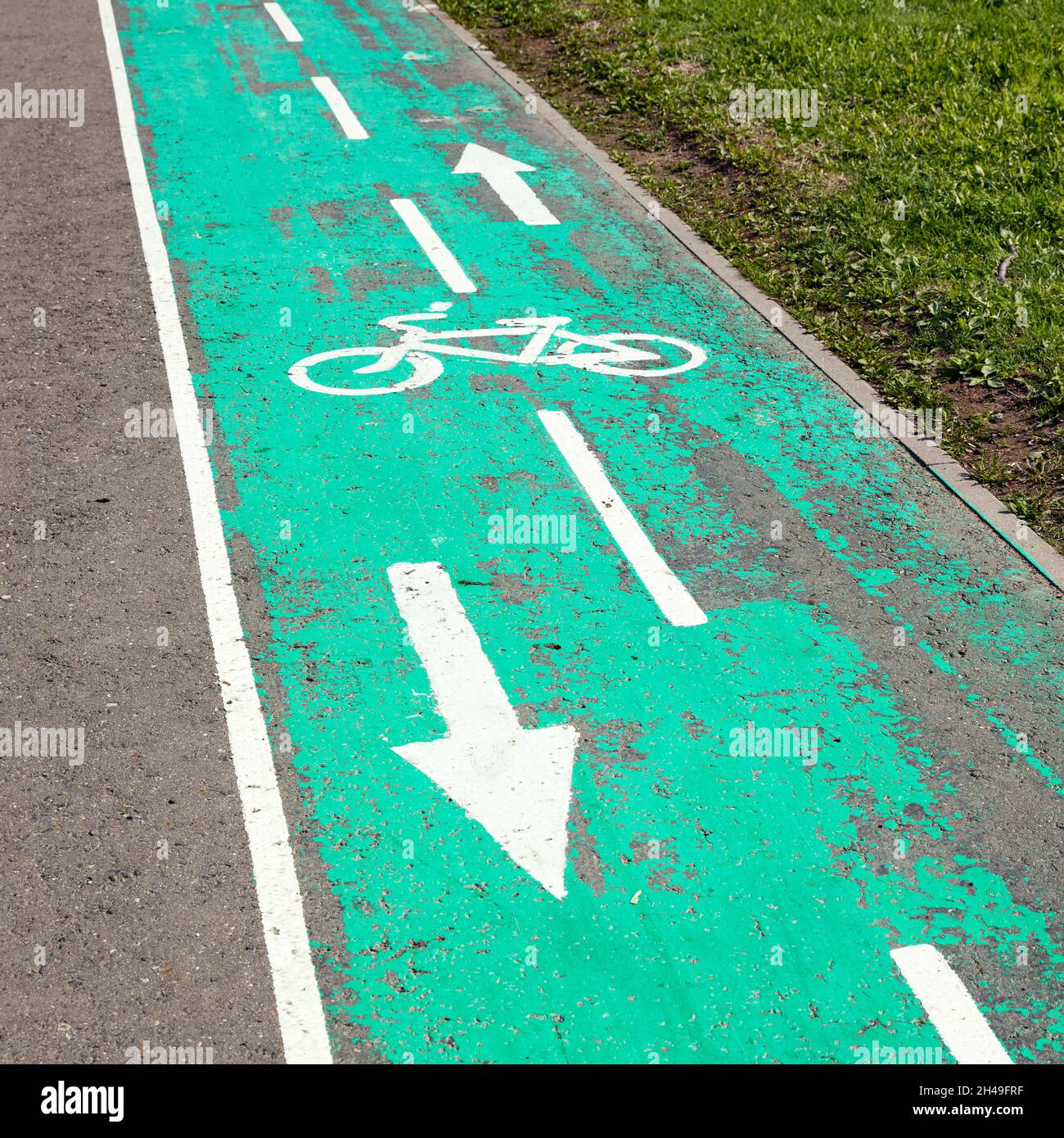 Close up of bike lane marking. Kolomenskoye estate, Moscow, Russia. Stock Photo