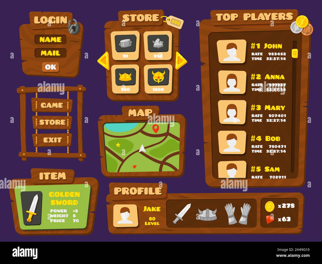 Ui game elements. Cartoon wood interface, buttons and arrows. Mobile play bar, level and store for app graphic design. Menu boards recent vector set Stock Vector