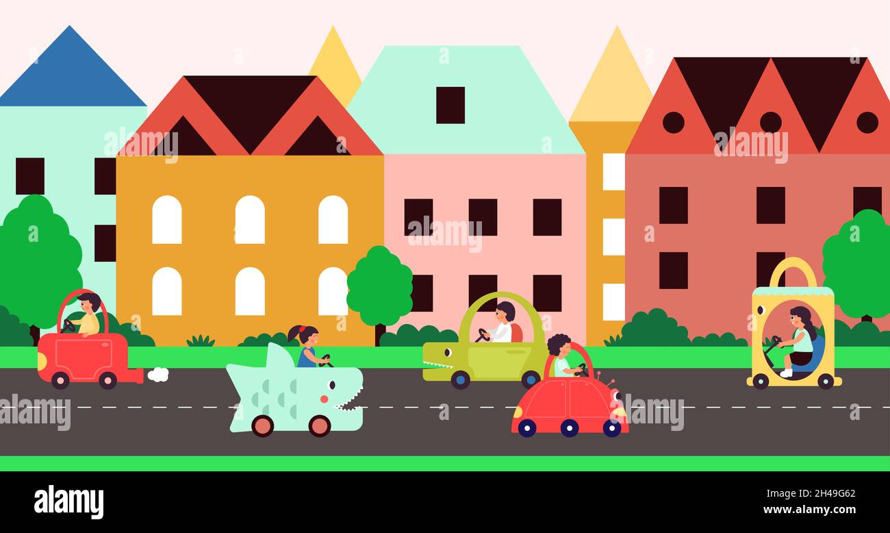 City transportation. Car on street, cartoon childish transport. People riding on road, kawaii style town. Woman man in vehicle decent vector scene Stock Vector