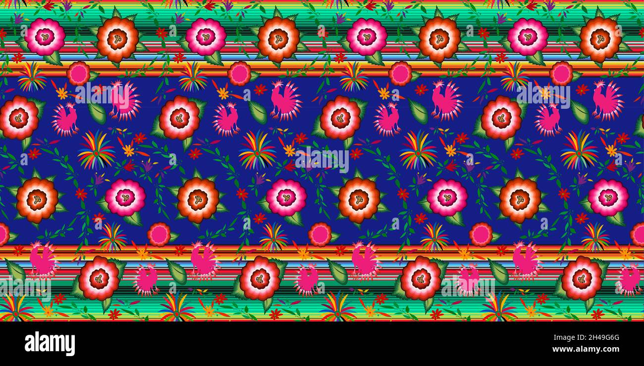 Seamless Mexican floral embroidery pattern, colorful native flowers folk fashion design. Embroidered Traditional Textile Style of Mexico, colors strip Stock Vector