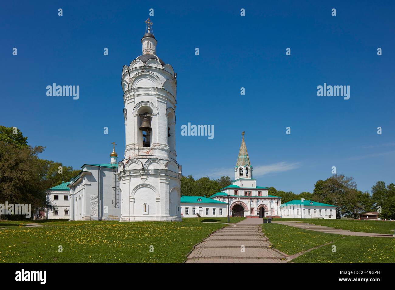 St. George Bell Tower with the Front Gate complex in the background. Kolomenskoye Museum-Reserve, Moscow, Russia. Stock Photo
