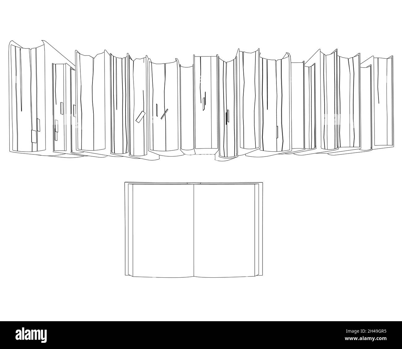 Contour of a stack of books from black lines isolated on a white