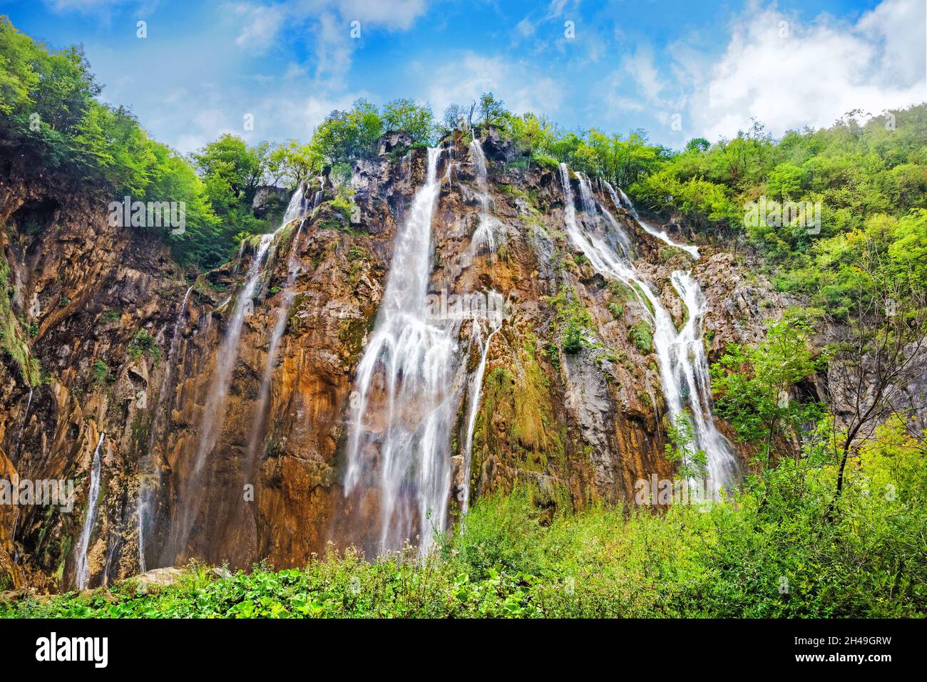Scenic view  of beautiful waterfall in Plitvice National Park. Croatia Stock Photo