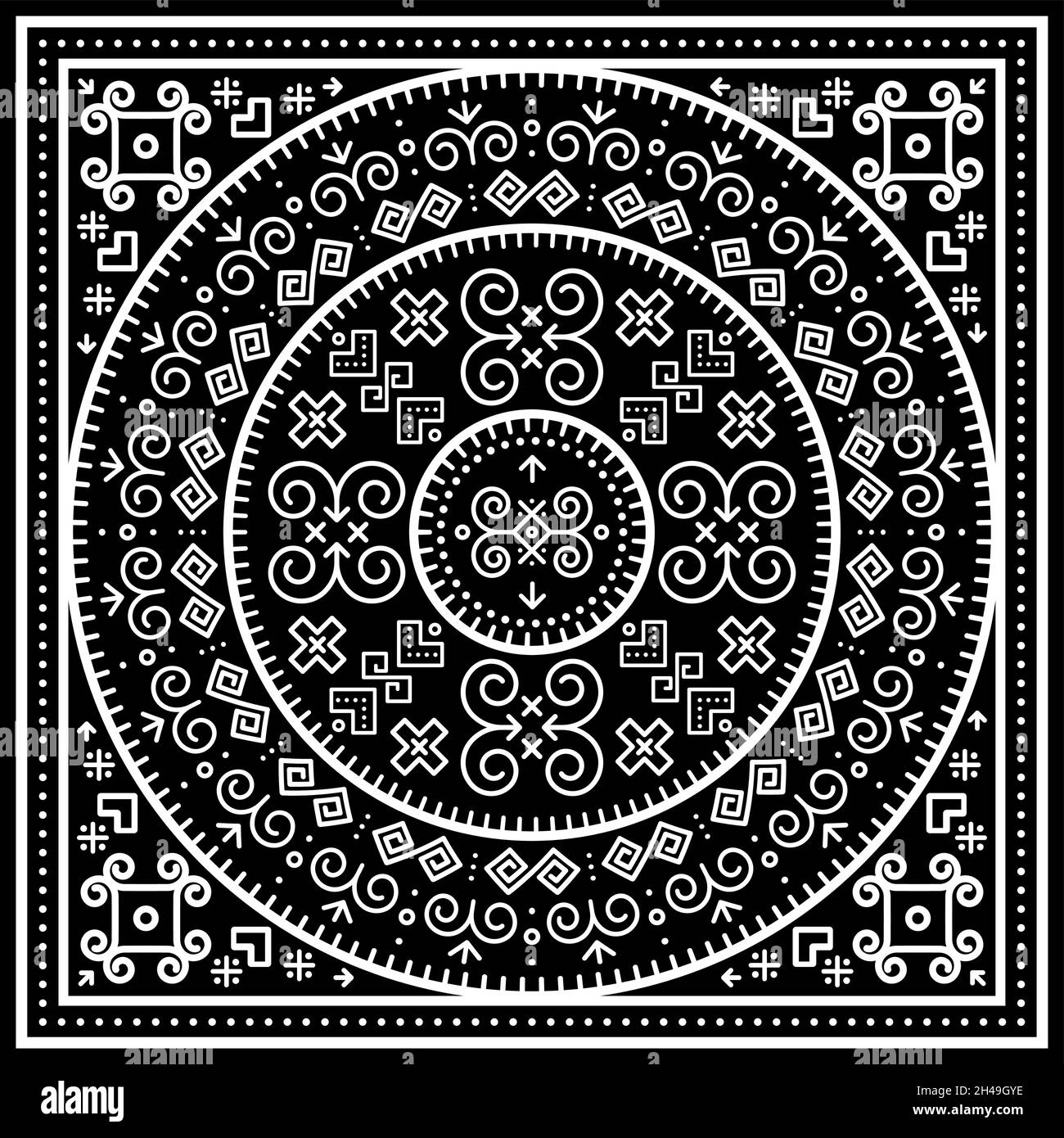 Slovak folk art vector black tribal mandala design with geometric shapes inspired by traditional house paintings from village Cicmany in Slovakia Stock Vector