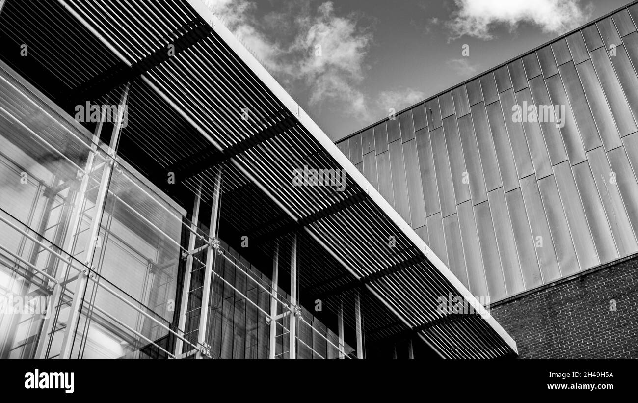 Epsom Surrey London, Octoober 31 2021, Black And White Image Of Modern Abstract Architecture Looking Up With No People Stock Photo