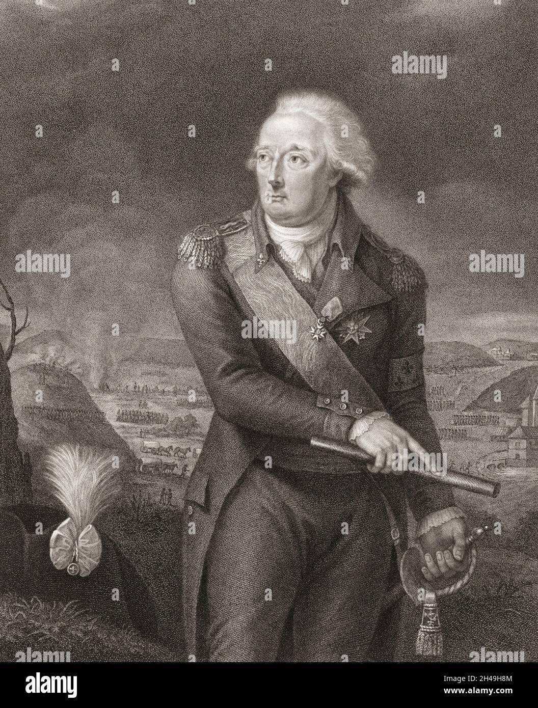 Louis Joseph de Bourbon, 1736 – 1818.  Prince of Condé from 1740 to his death.  He was a member of the House of Bourbon and held the prestigious rank of Prince du Sang, meaning that he was part of a select group who could prove he was legitimately descended from a sovereign.  After an etching by Francesco Bartolozzi from a work by Sophie de Tott. Stock Photo