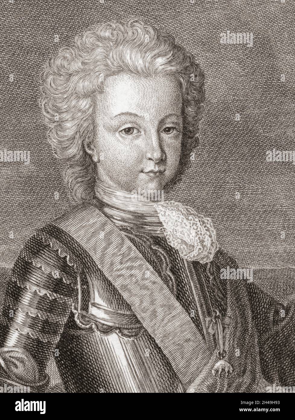 King Luis I of Spain when the Prince of Asturias.  Luis Felipe, 1707-1724.  Known as el Bien Amado, the Well Loved, or el Liberal, the Liberal, he became the shortest reigning king in Spanish history, dying of smallpox just seven months into his reign.  From an 18th century engraving by Bernard Picart after a work by Rene Vialy. Stock Photo